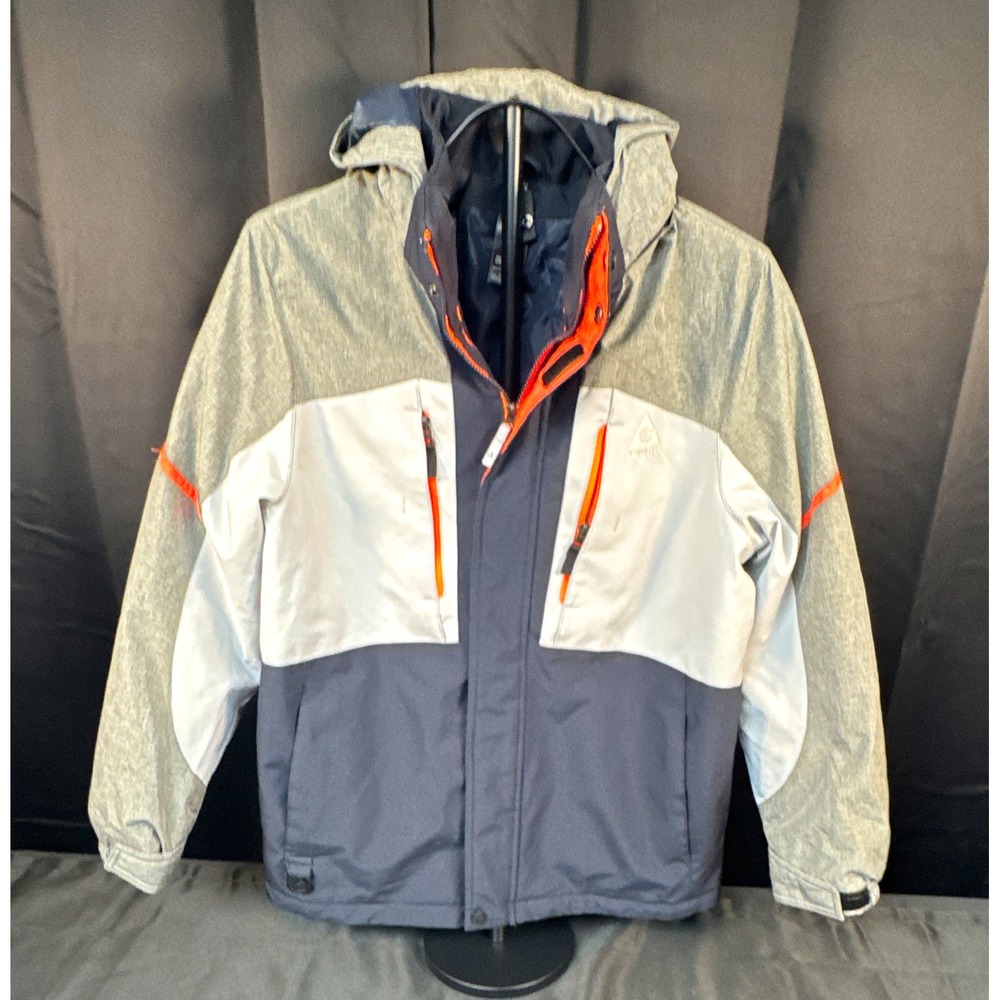 Gerry Boys L 14/16 Colorblock Hooded Ski Jacket Gray Navy Orange Zip (1252)